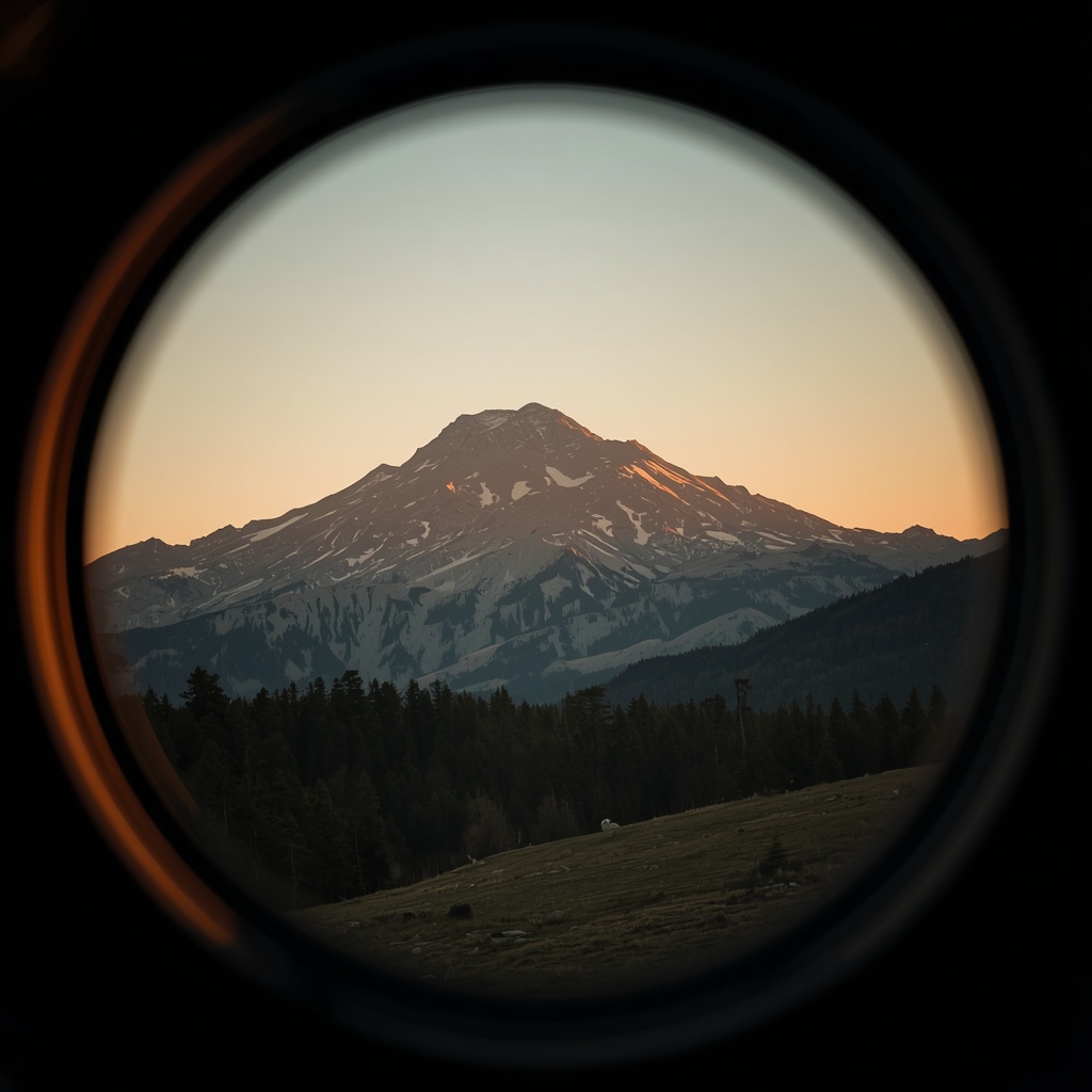 Mountain landscape captured through camera viewfinder with golden hour lighting